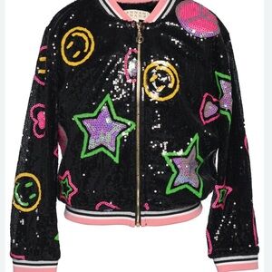 Hannah Banana Black Fuzzy Sequined Emoji Jacket
